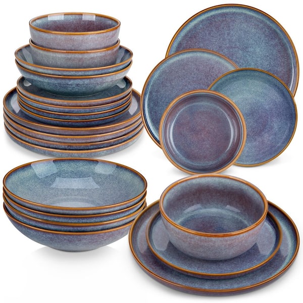 24-Piece Bluish Grey Stoneware Dinnerware Set Service for 6 Dishware Dishes Set Tableware with Plates and Bowls