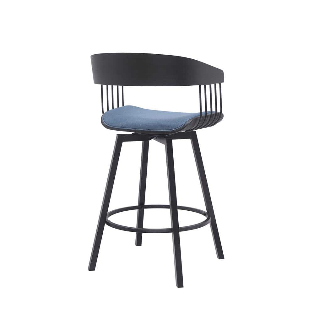 Athena 27" Swivel Black Wood Counter Stool with Blue Fabric and Black Metal