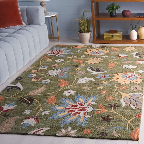 Jardin 2 ft. x 3 ft. Green/Blue Leaf Flower Area Rug