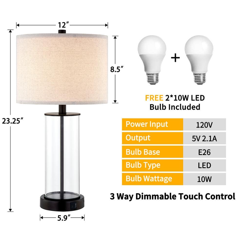Bronze and Clear Glass Touch Control Table Lamp Set with USB Ports