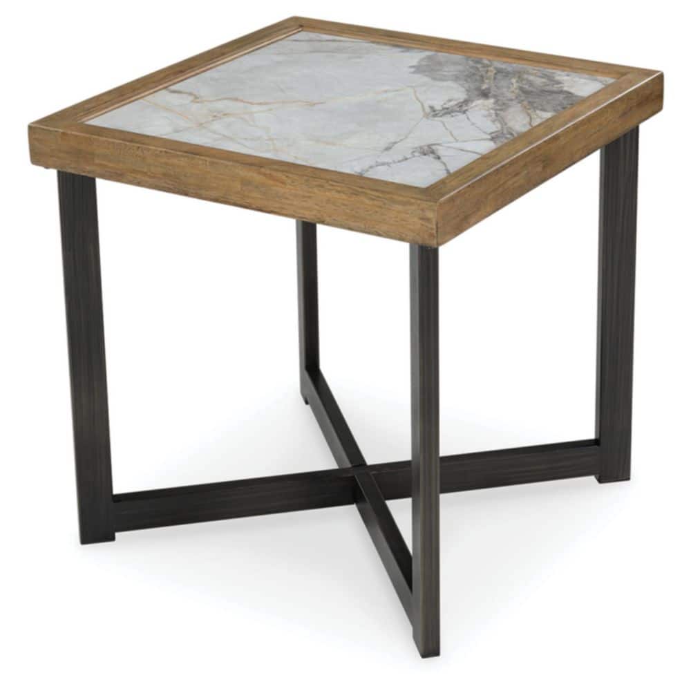 Beige and Black Square Wood and Stone End Table