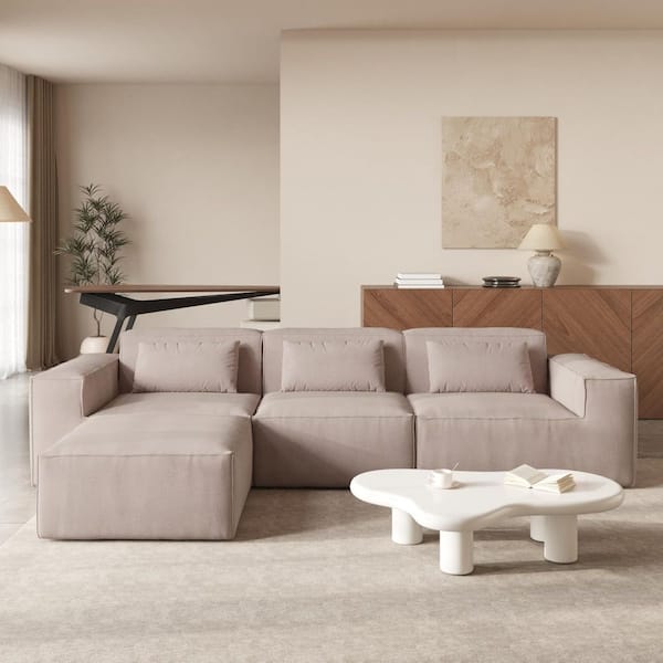 118 in. Square Arm Cloud Fleece Fabric Memory Foam L-shaped 3-Seater Modular Sectional Sofa with Ottoman in. Brown
