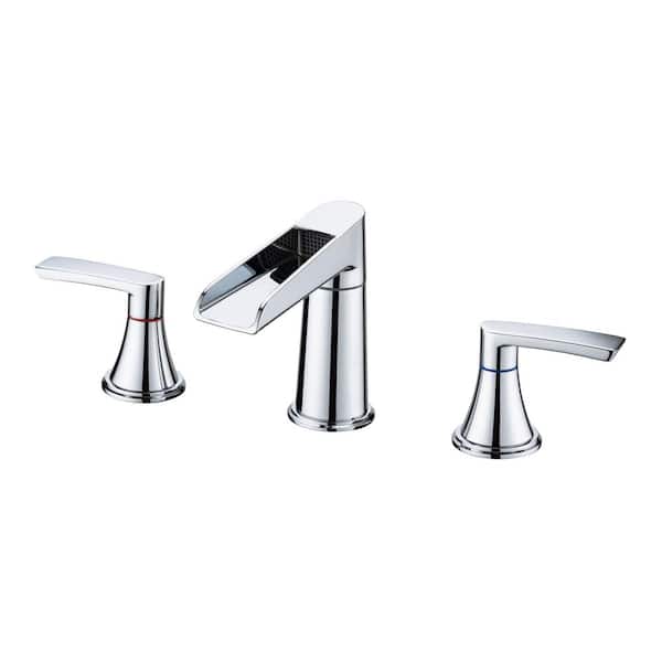 Lukvuzo 8 in Widespread Double Handle Low Arc Bathroom Faucet with Drain Assembly in Brushed Chrome