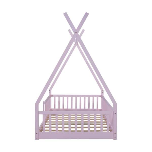 Pink Wood Frame Twin Size Platform Bed with Fence