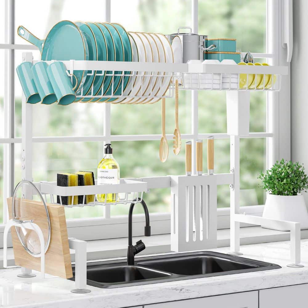 White Over The Sink Dish Drying Rack, Adjustable 2 Tier Stainless Steel Kitchen Drainer with Cutlery, Utensil Holders price history on PriceWatchPro