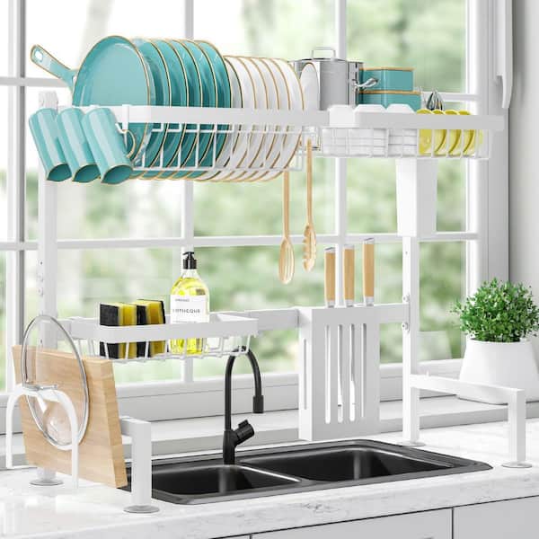 White Over The Sink Dish Drying Rack, Adjustable 2 Tier Stainless Steel Kitchen Drainer with Cutlery, Utensil Holders