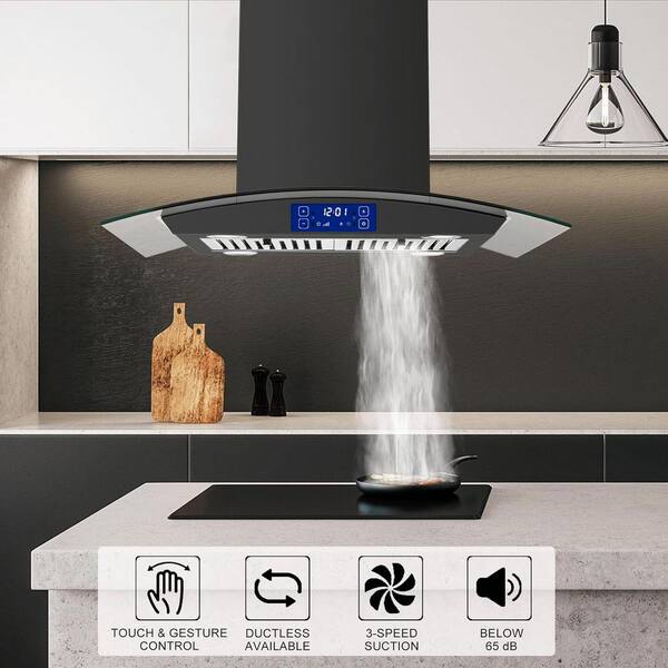 JOEAONZ 30 in. 700CFM Island Range Hood Black, Gesture and Touch