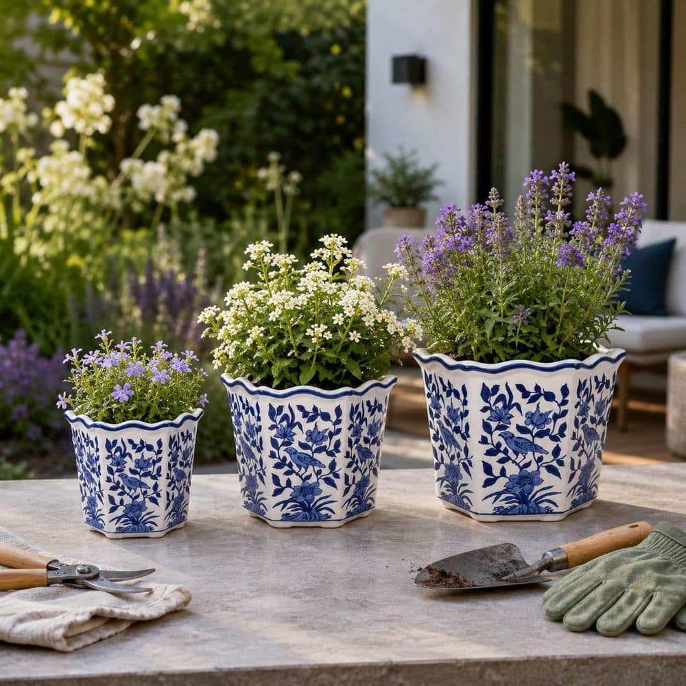  ブルーフラワー カーブ ソース ボート&スタンド Liv & Skye 8 in., 10 in., and 12 in. Blue Ceramic Chinoiserie Bird
