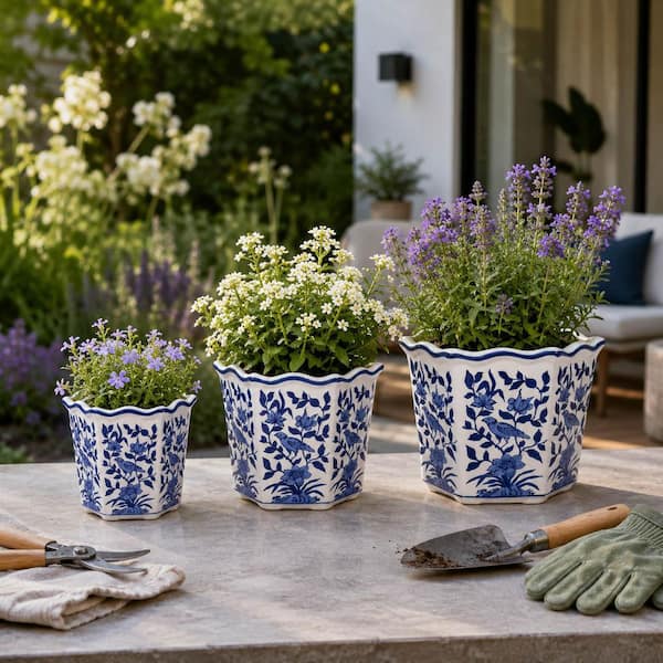 8 in., 10 in., and 12 in. Blue Ceramic Chinoiserie Bird Decorative Planters (Set of 3)