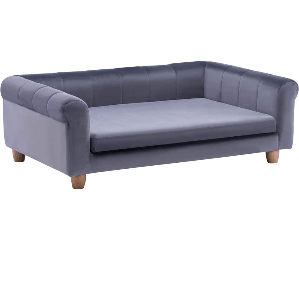 Elegant Gray Faux-Velvet Elevated Dog Bed with Wood Legs