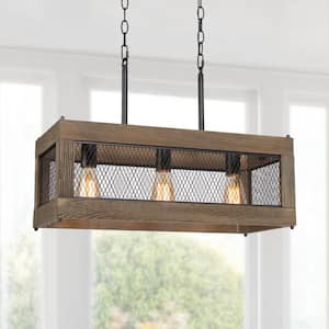 24 in. Black Wood Cage Island Chandelier 3-Light Farmhouse Rustic Ceiling Light with Iron Net for Kitchen Dining Room