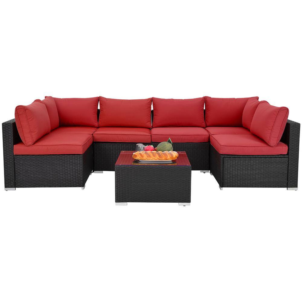 7-Piece Wicker Patio Conversation Set with Red Cushions