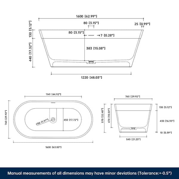 Maria 63 in. x 29.5 in. Stone Resin Solid Surface Flatbottom Freestanding Soaking Bathtub in Woodgrain and White