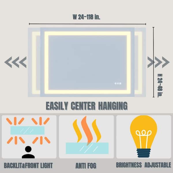 78 in. W x 36 in. H Rectangular Frameless LED Light Anti-Fog Wall Bathroom Vanity Mirror with Backlit and Front Light