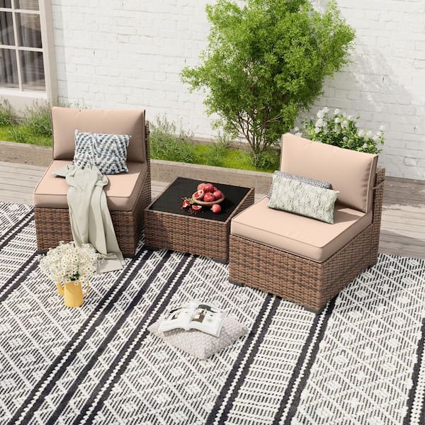 3-Piece Wicker Patio Conversation Set with 4 in. D Cooling Khaki Cushions