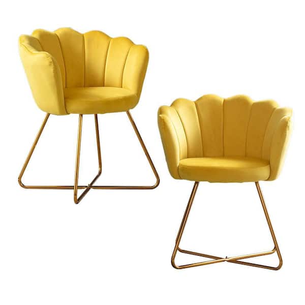 URTR Yellow Flower Style Velvet Dining Chair Armchair Side Chair with Metal Leg for Dining Room Office Living Room (Set of 2)