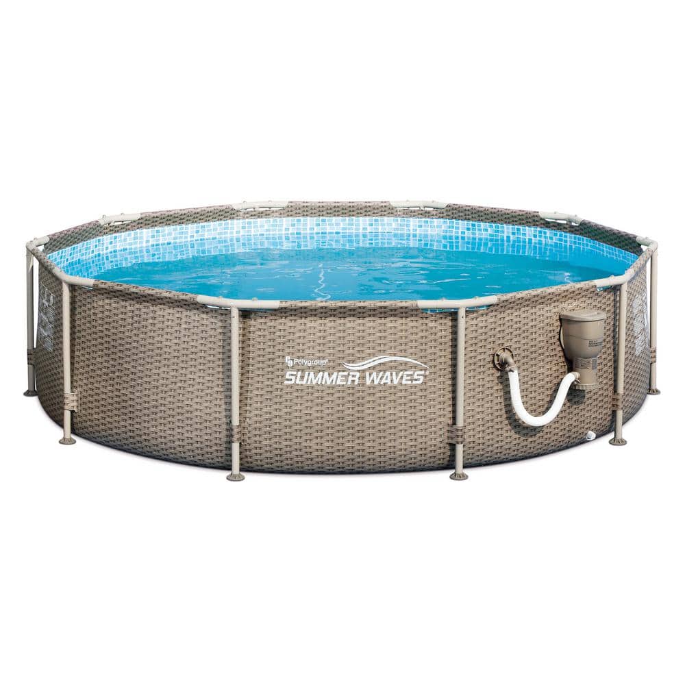Summer Waves 10 ft. x 30 in. Round Framed Swimming Pool with Exterior Wicker Print, Tan, Tan Wicker -  P20010305