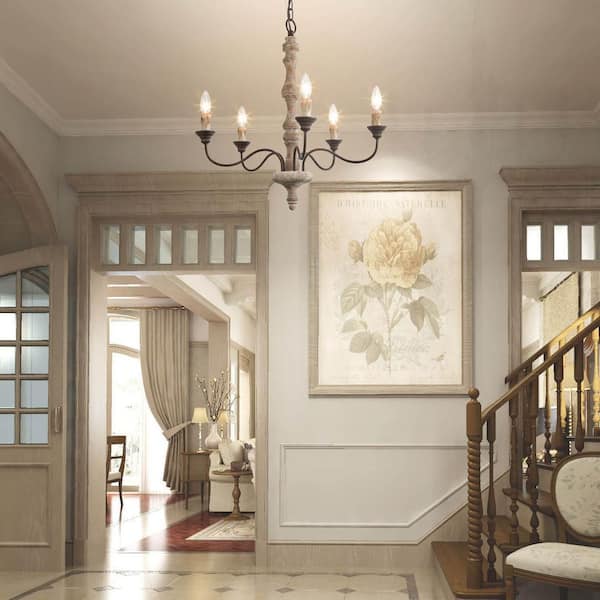 LNC Wood Candle Chandelier 5-Light Weathered White Dining Room