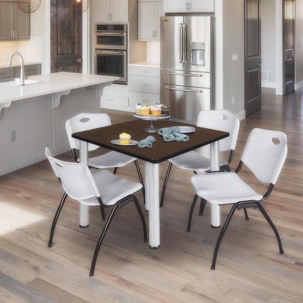 Kee 42 in. Neo Walnut Square Breakroom Table Desk and 4 'M' Stack Chairs-Grey