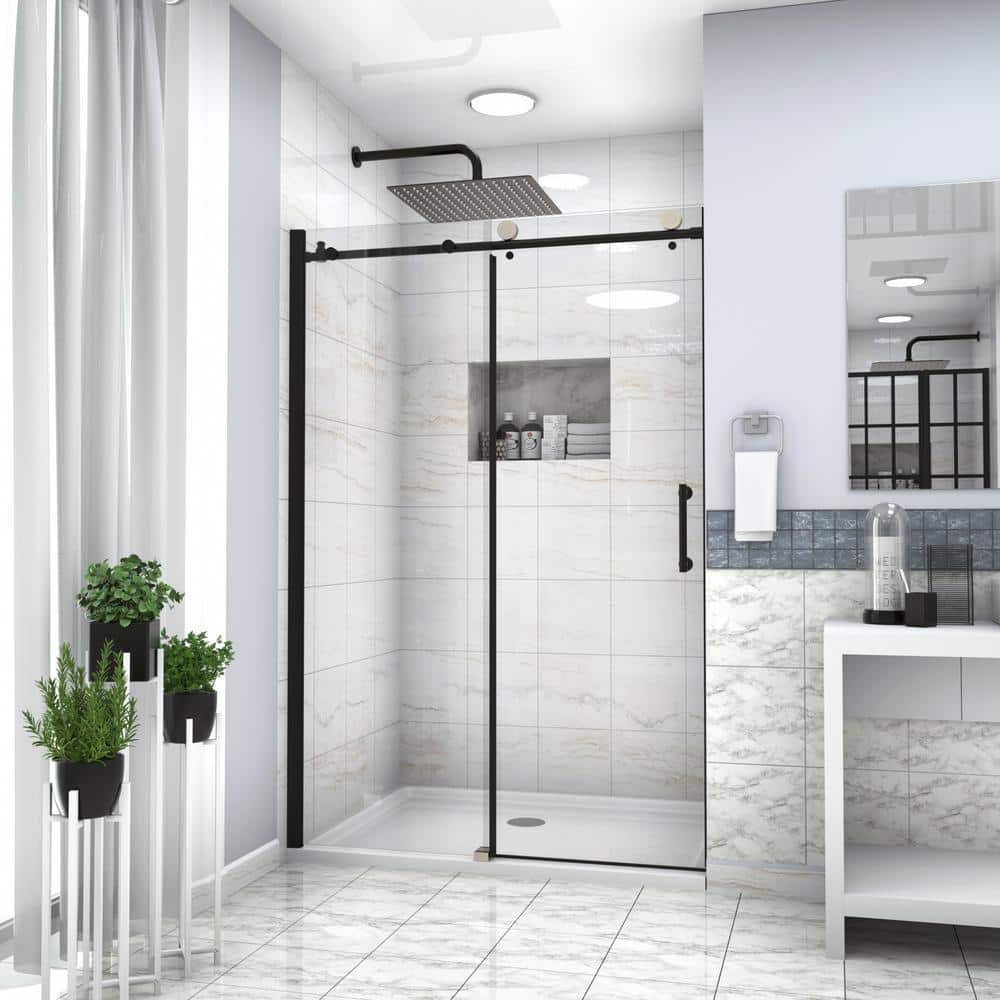 48 in. W x 76 in. H Sliding Semi-Frameless Tub Door in Matte Black with Tem