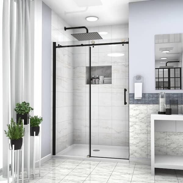 EPOWP 48 in. W x 76 in. H Sliding Semi-Frameless Tub Door in Matte Black with Tempered Glass