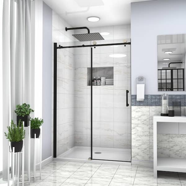 Logmey 49 in. W x 76 in. H Single Sliding Frameless Shower Door/Enclosure in Matte Black with Clear Glass