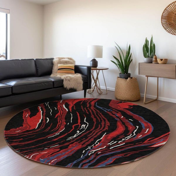 Mayfield Premium Machine Washable Abstract AMF1037 Black 8 ft. x 8 ft. Round Rug