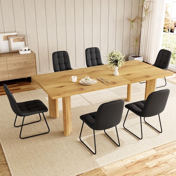 Modern 7-Piece Extendable Rectangle Oak MDF Top Dining Room Set Seating 6 People 78.7 in. with 6 U-shaped Black Chairs