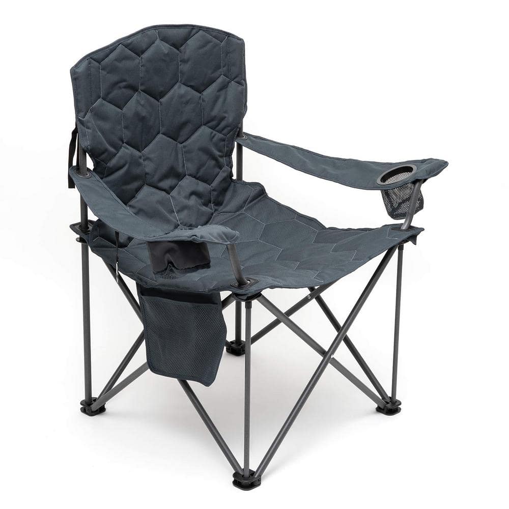 Grey Oversized Camping Chair Folding Lawn Chairs with Armrest Cup Holder & 