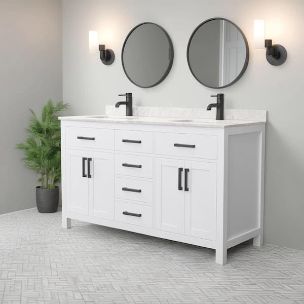 Wyndham Collection Beckett 60 in. W x 22 in. D x 35 in. H Double Sink Bath Vanity in White with Carrara Cultured Marble Top