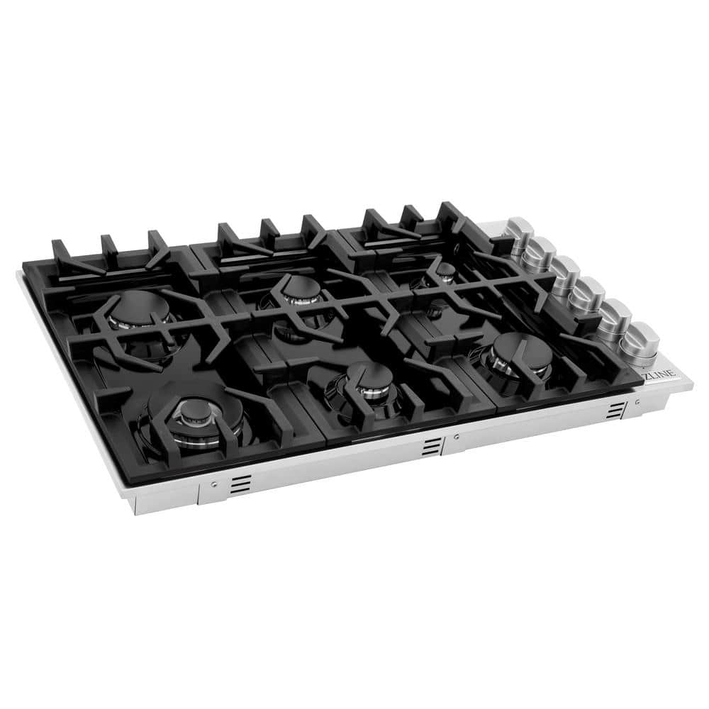 ZLINE Kitchen and Bath 36 in. 6 Burner Top Control Porcelain Gas Cooktop in Stainless Steel, Brushed 430 Stainless Steel
