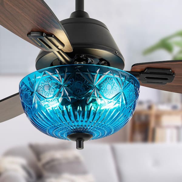 Paige 42 in. 2-Light Indoor Black Ceiling Fan with Blue Hand-Cut Glass Bowl Shade and Remote Control