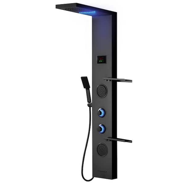 2-Jet Rainfall Shower Panel System with Rainfall Shower Head, Shelf, Tub Spout and LED Light in Matte Black