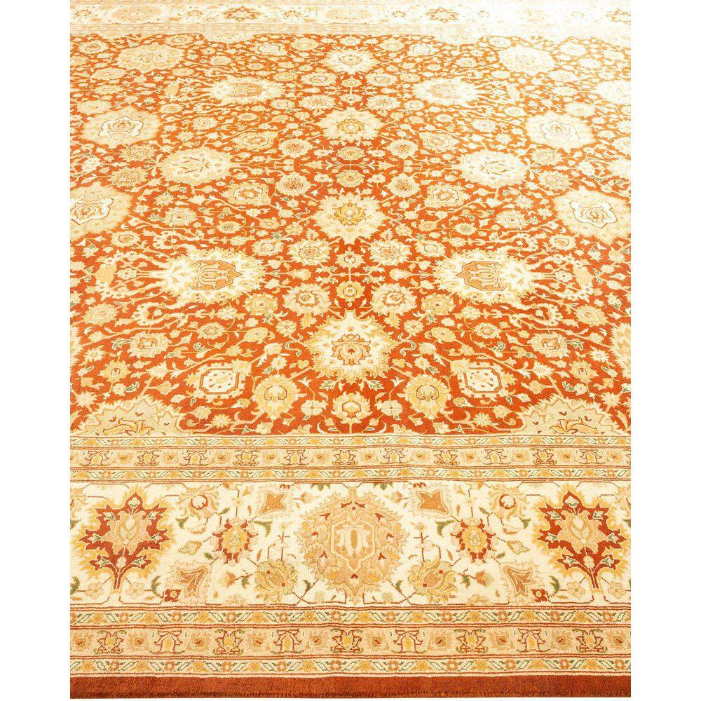 Hand-Knotted Ivory and Orange Wool 8' x 10' Oriental Rug