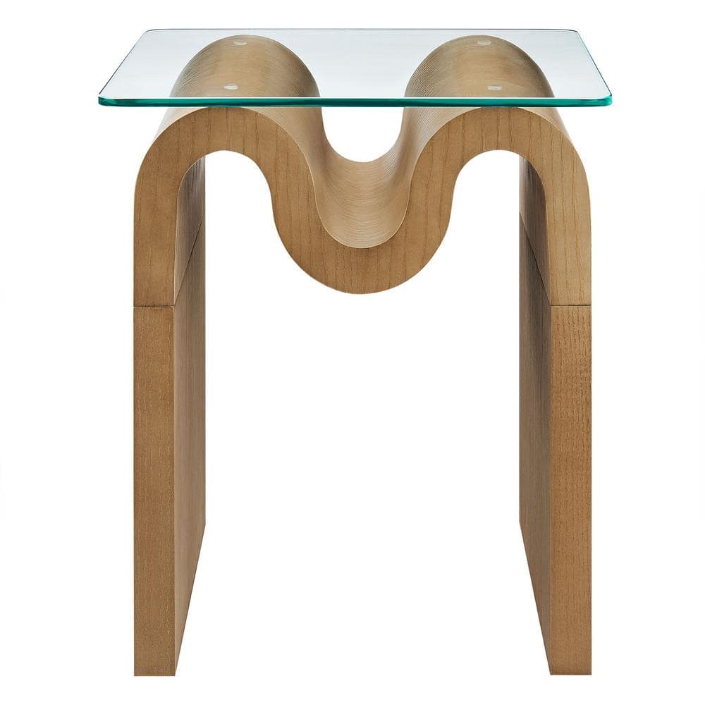 Natural Ash Veneer Wave Base Glass Top Side Table