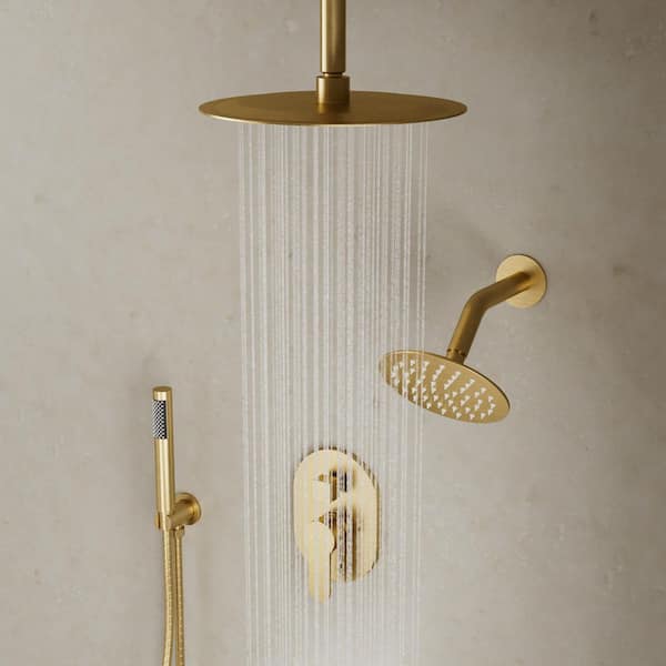 3-Spray 10 and 6 in. Dual Shower Heads Ceiling Mount and Handheld Shower Head in Brushed Gold (Valve Included)