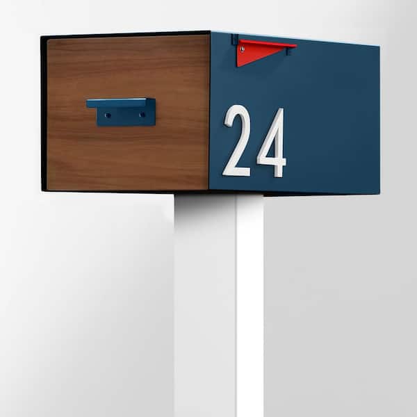 The Malone Color Series-Large Blue Malone Post Mounted Mailbox with White Post and Sublimated Wood Door