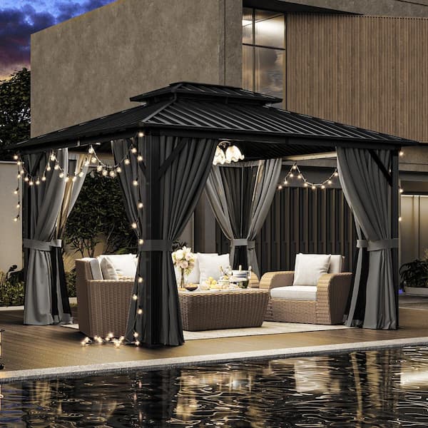 12 ft. x 10 ft. Outdoor Double Roof Gazebo , Aluminum Frame Hardtop Gazebo with Ceiling Hooks, Netting and Curtain