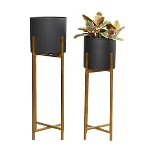 36 in., and 30 in. Extra Large Black Metal Indoor Outdoor Planter with Removable Gold Stand (2- Pack)