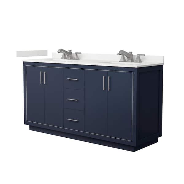 Wyndham Collection Icon 66 in. W x 22 in. D x 35 in. H Double Bath Vanity in Dark Blue with White Quartz Top