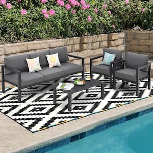 Black 4-Piece Aluminum Outdoor Patio Conversation Set with Gray Cushions