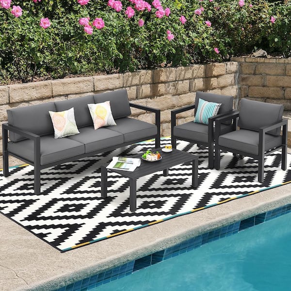Black 4-Piece Aluminum Outdoor Patio Conversation Set with Gray Cushions