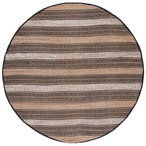 Natural Fiber Black/Beige 7 ft. x 7 ft. Striped Woven Round Area Rug