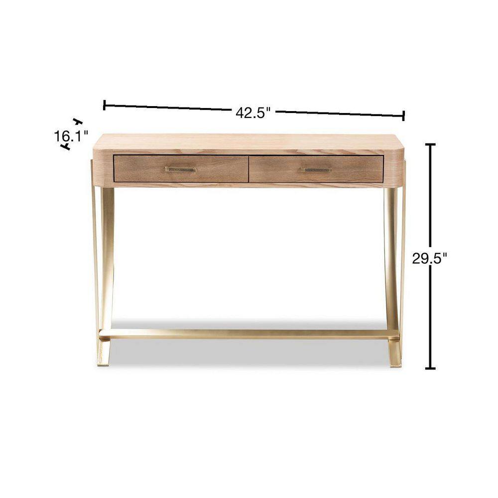 Light Brown and Gold Wood Metal Hallway Table with Storage