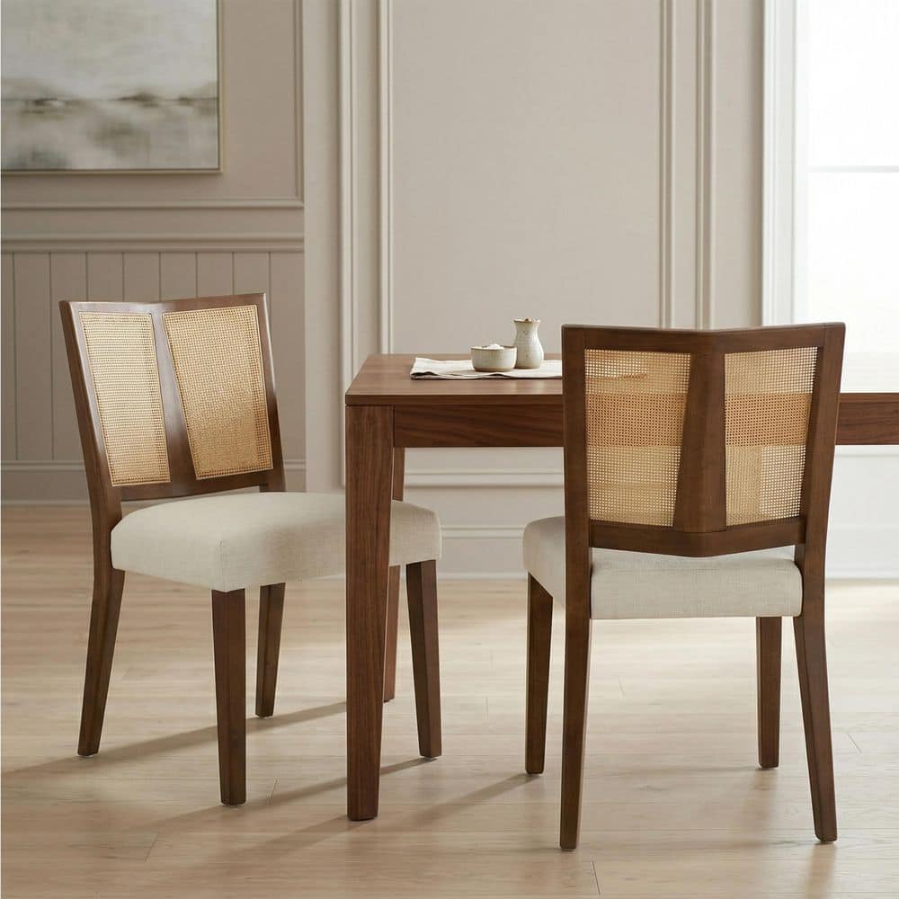 Beige and Walnut Upholstered Fabric Seat Wicker Back Solid Rubberwood Frame Dining Chair Set of 2 price history on PriceWatchPro