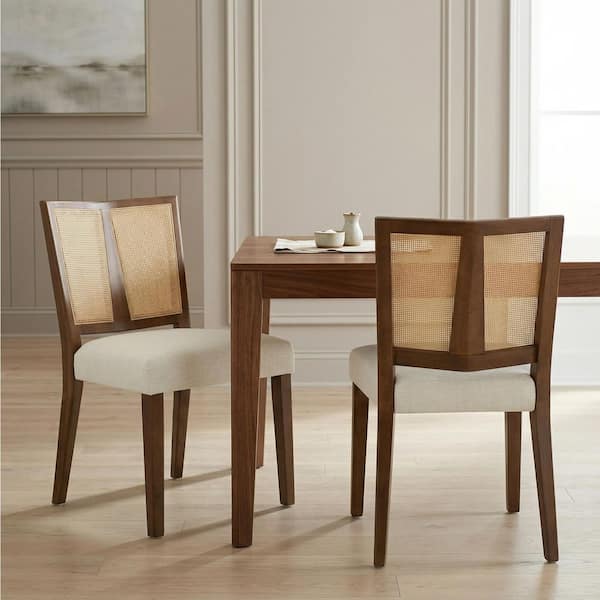 Harper & Bright Designs Beige and Walnut Upholstered Fabric Seat Wicker ...