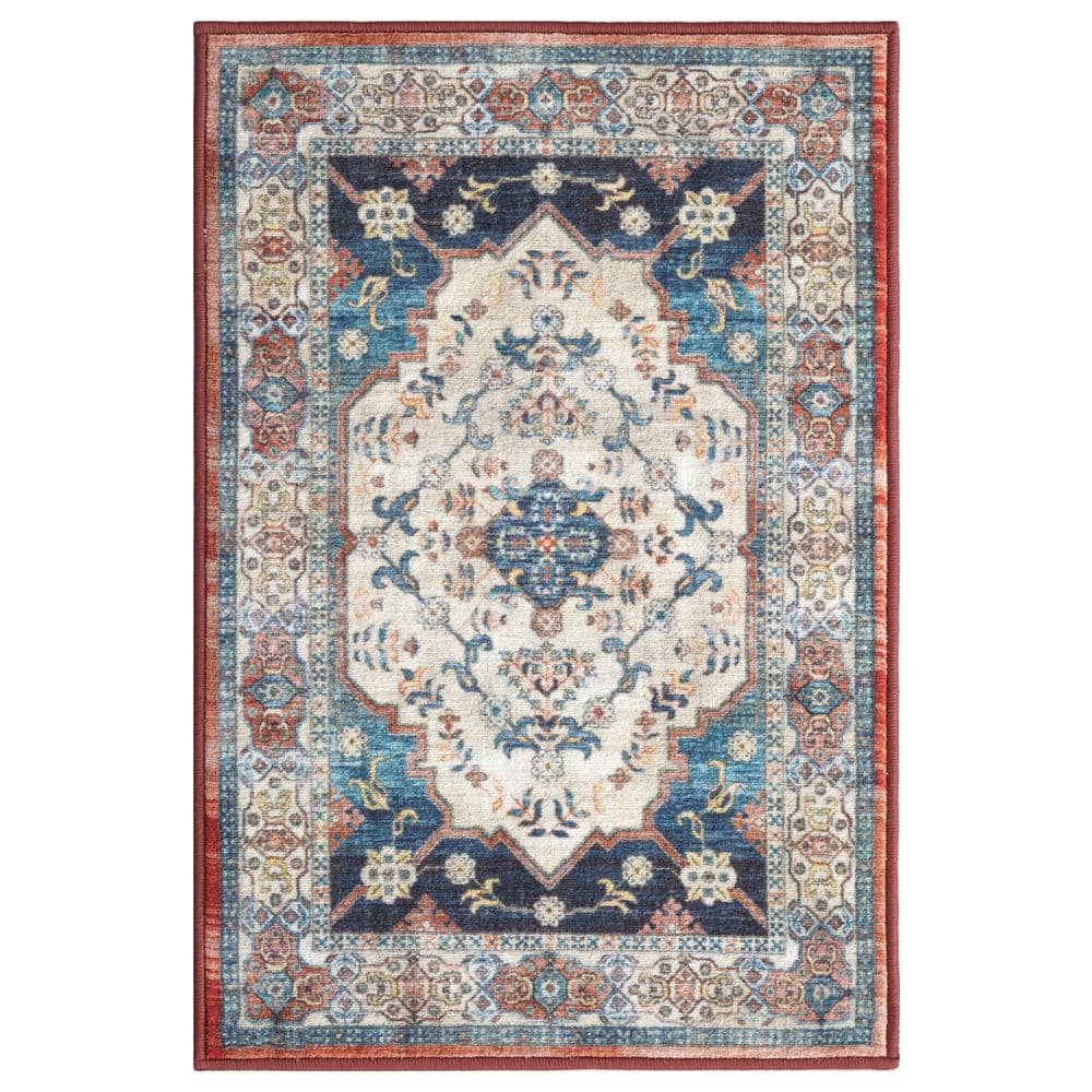 Ivory and Navy Medallion Washable Synthetic Area Rug 2' x 3'