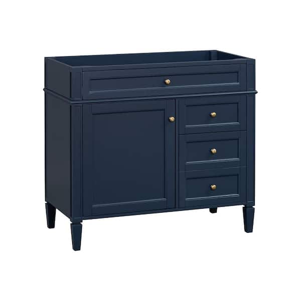 36 in. Bath Vanity Cabinet without Top with Left Side Door, Tip-Out Drawer and Adjustable Shelf in Navy Blue