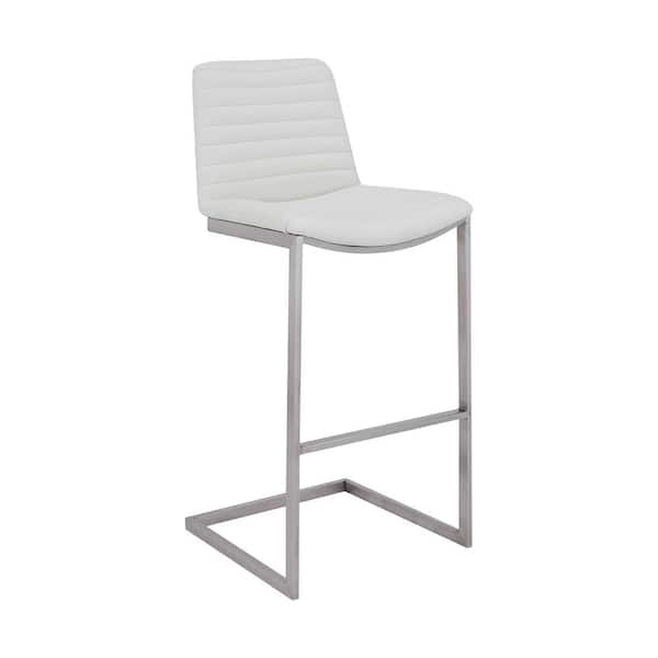 Armen Living Kaisa Contemporary 26 in. Brushed Stainless Steel Finish and White Faux LeatherCounter Height Bar Stool