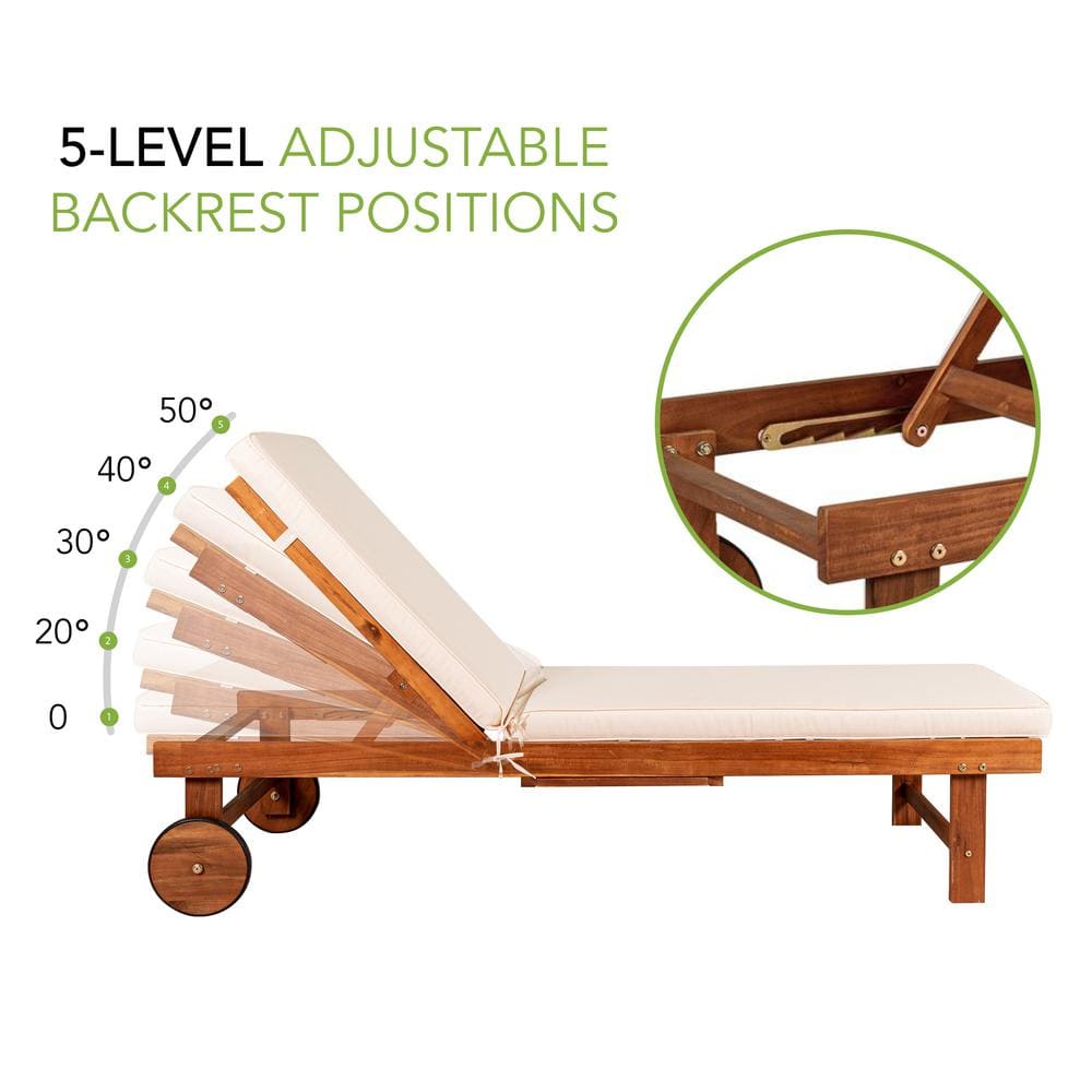Seabrook 69" Acacia Wood Outdoor Lounger with Cream Cushion and Slide Table